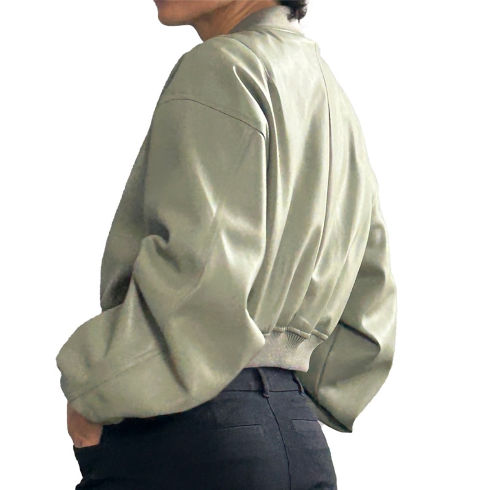 NWOT OLIVACEOUS GREEN FAUX LEATHER CROPPED BOMBER - Picture 2 of 9